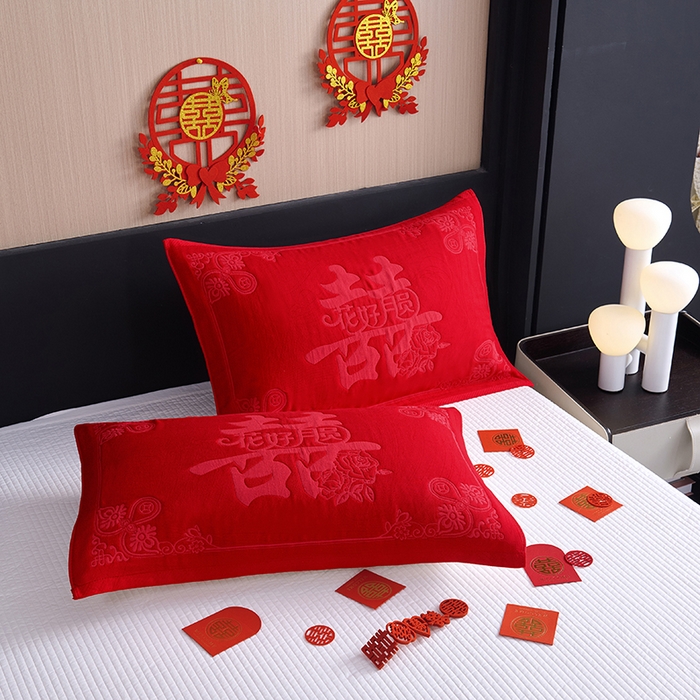 91家纺网 家纺一手货源 找家纺 棠薇家纺 2025新款全棉大红婚庆枕巾 花好月圆