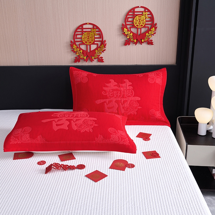 91家纺网 家纺一手货源 找家纺 棠薇家纺 2025新款全棉大红婚庆枕巾 花好月圆