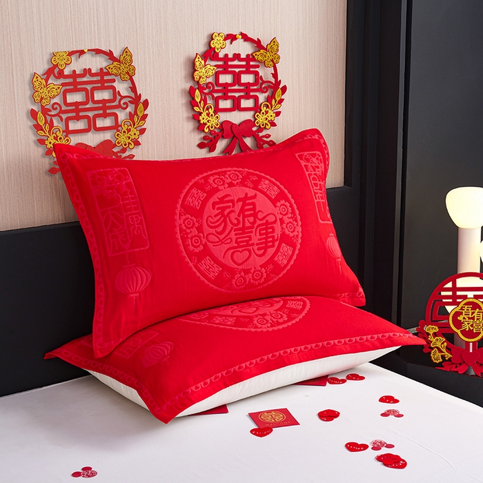 棠薇家纺 2025新款全棉大红婚庆枕巾 家有喜事