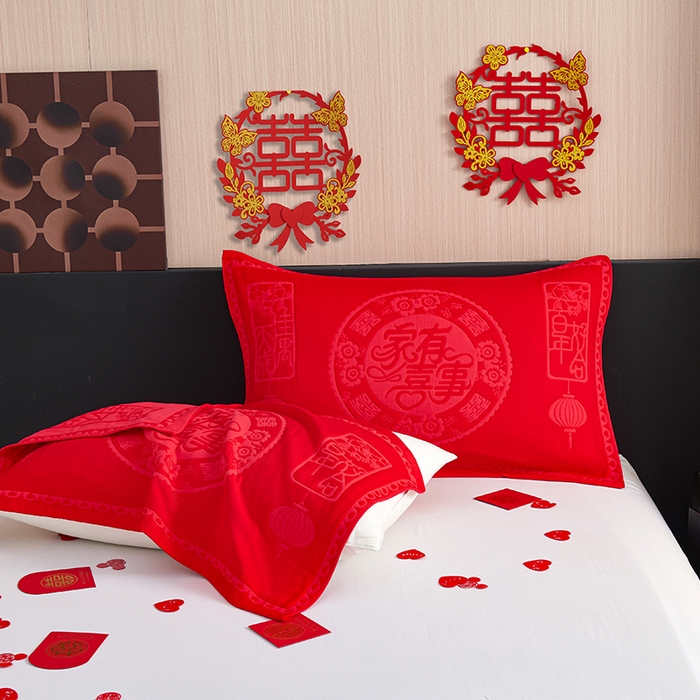 91家纺网 家纺一手货源 找家纺 棠薇家纺 2025新款全棉大红婚庆枕巾 家有喜事