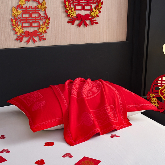 91家纺网 家纺一手货源 找家纺 棠薇家纺 2025新款全棉大红婚庆枕巾 家有喜事