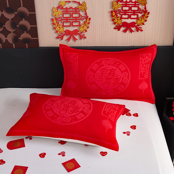 91家纺网 家纺一手货源 找家纺 棠薇家纺 2025新款全棉大红婚庆枕巾 家有喜事