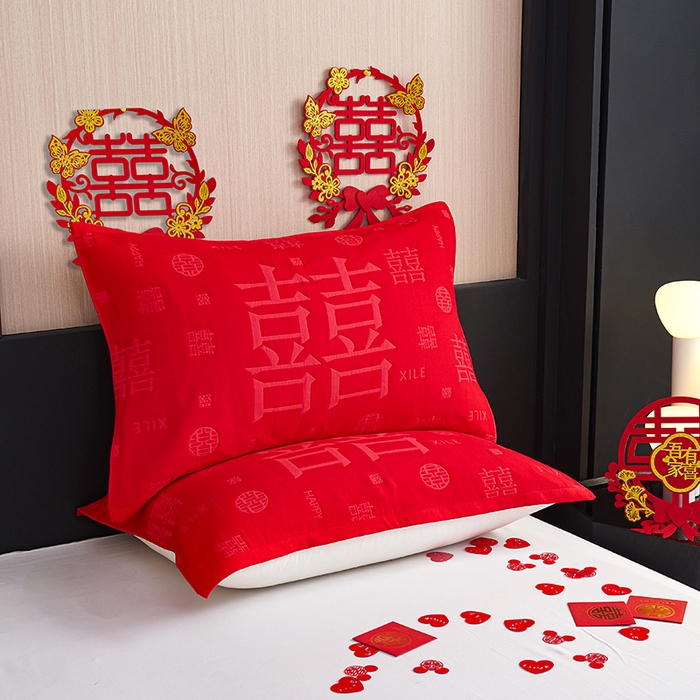 棠薇家纺 2025新款全棉大红婚庆枕巾 喜结连理