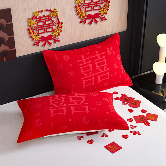 91家纺网 家纺一手货源 找家纺 棠薇家纺 2025新款全棉大红婚庆枕巾 喜结连理