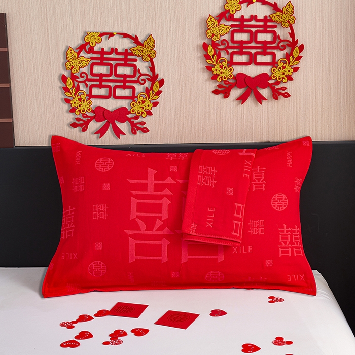 91家纺网 家纺一手货源 找家纺 棠薇家纺 2025新款全棉大红婚庆枕巾 喜结连理
