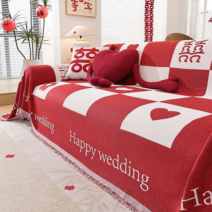 91家纺网 家纺一手货源 找家纺 共鸣沙发垫 2025新款亲肤舒适雪尼尔玉兰喜庆红色沙发巾 喜格红色 180x230cm沙发巾