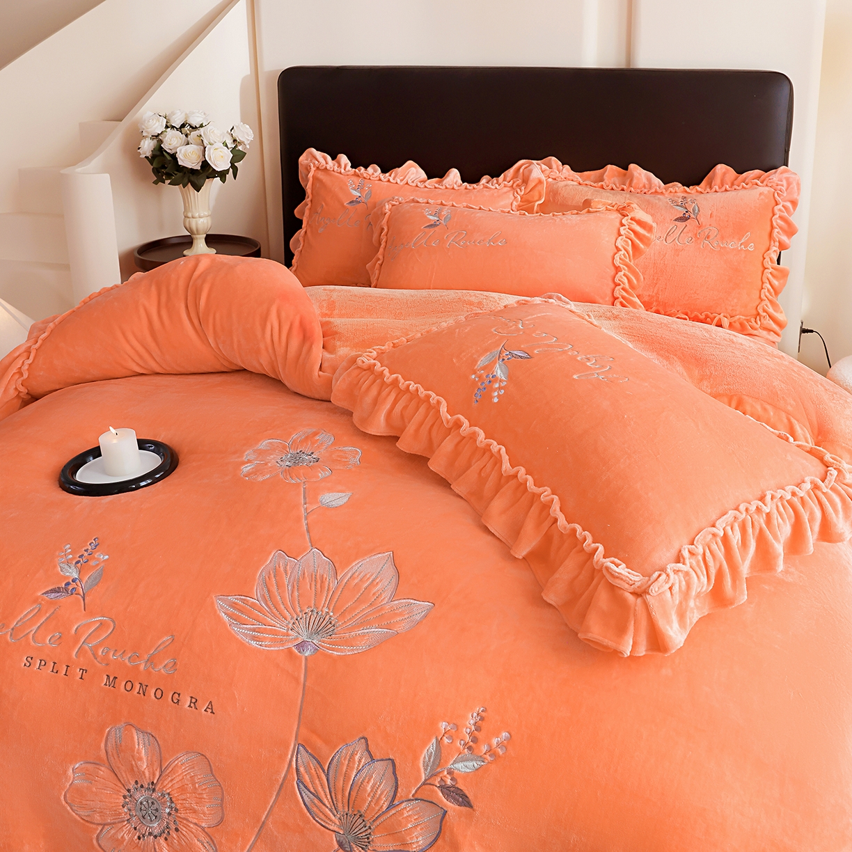91家纺网 家纺一手货源 找家纺 孟鑫家纺 2025新款220克高克重韩版立体花边牛奶法式绣花四件套床单床盖款被套-浪漫花园系列 浪漫花园-橙色