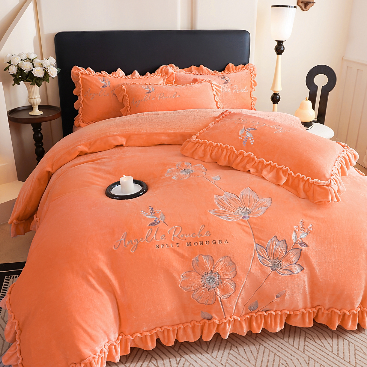 91家纺网 家纺一手货源 找家纺 孟鑫家纺 2025新款220克高克重韩版立体花边牛奶法式绣花四件套床单床盖款被套-浪漫花园系列 浪漫花园-橙色