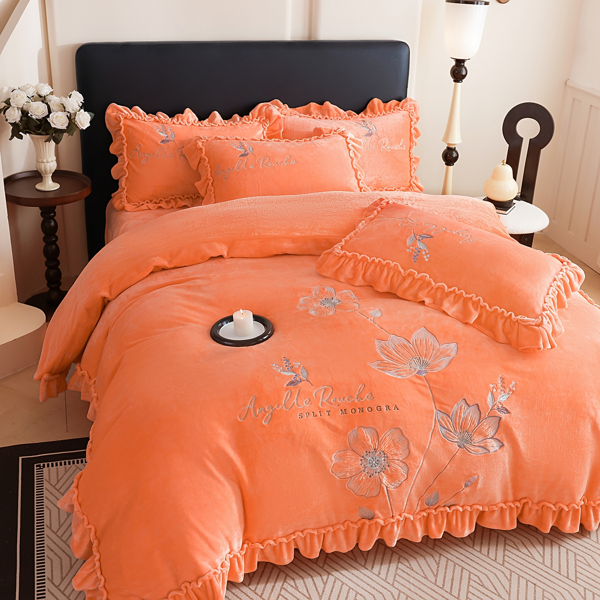 91家纺网 家纺一手货源 找家纺 孟鑫家纺 2025新款220克高克重韩版立体花边牛奶法式绣花四件套床单床盖款被套-浪漫花园系列 浪漫花园-橙色