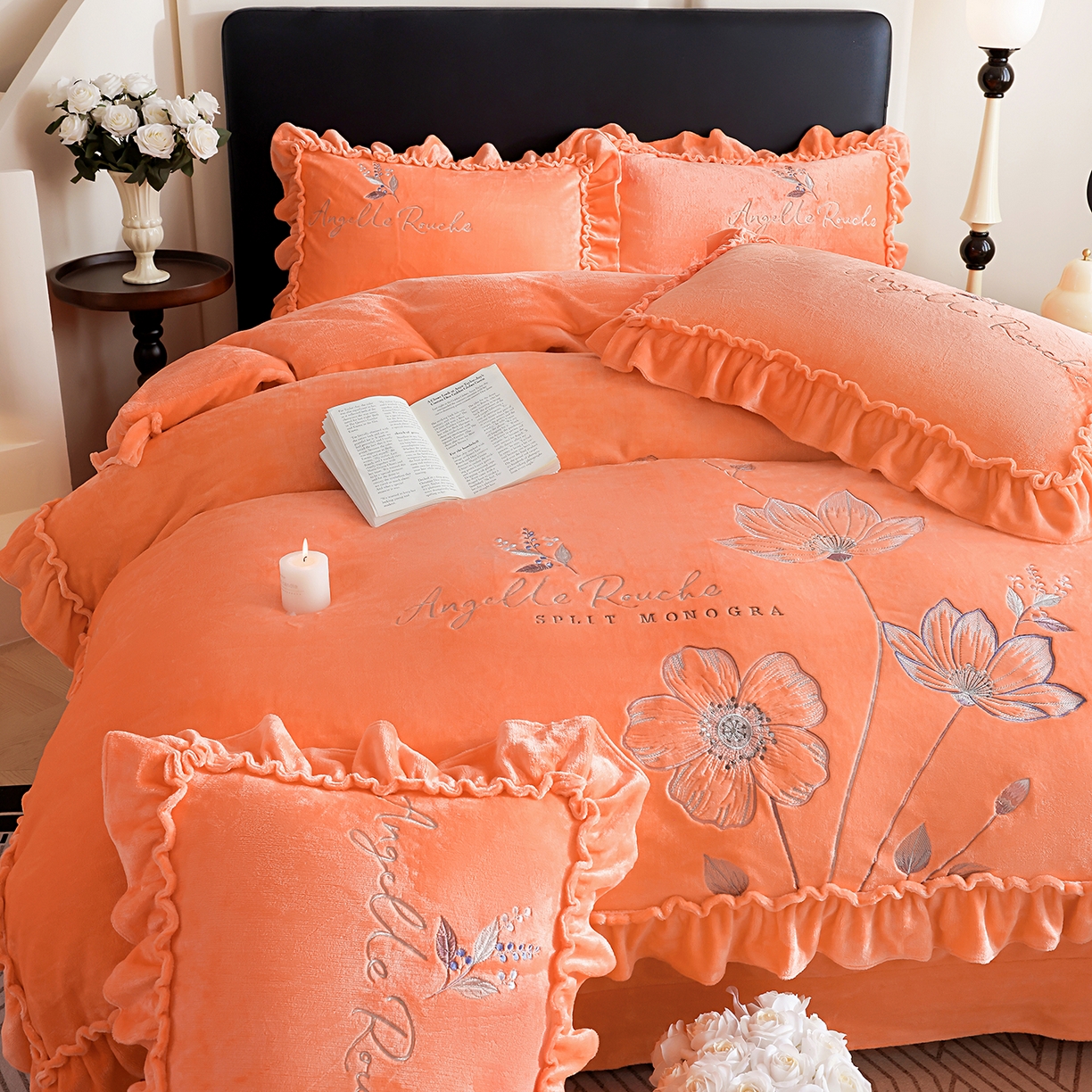 91家纺网 家纺一手货源 找家纺 孟鑫家纺 2025新款220克高克重韩版立体花边牛奶法式绣花四件套床单床盖款被套-浪漫花园系列 浪漫花园-橙色