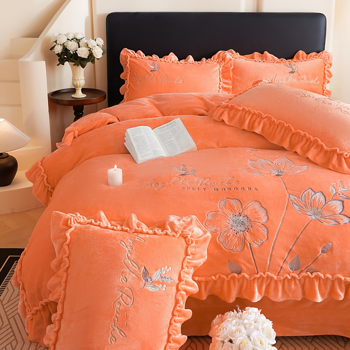 91家纺网 家纺一手货源 找家纺 孟鑫家纺 2025新款220克高克重韩版立体花边牛奶法式绣花四件套床单床盖款被套-浪漫花园系列 浪漫花园-橙色