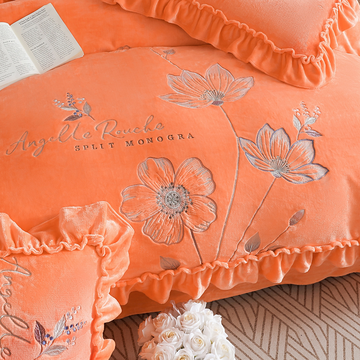 91家纺网 家纺一手货源 找家纺 孟鑫家纺 2025新款220克高克重韩版立体花边牛奶法式绣花四件套床单床盖款被套-浪漫花园系列 浪漫花园-橙色