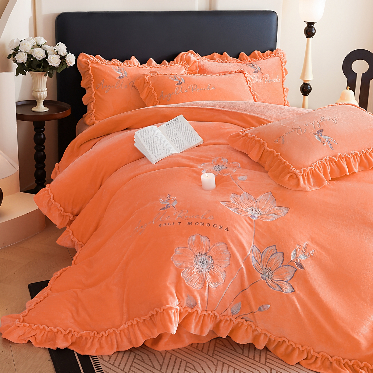 91家纺网 家纺一手货源 找家纺 孟鑫家纺 2025新款220克高克重韩版立体花边牛奶法式绣花四件套床单床盖款被套-浪漫花园系列 浪漫花园-橙色