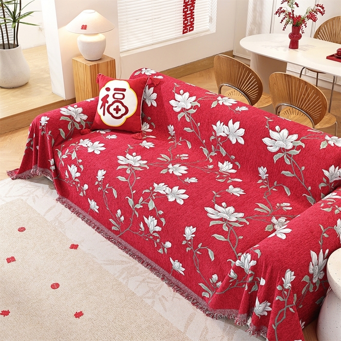 91家纺网 家纺一手货源 找家纺 共鸣沙发垫 2025新款亲肤舒适雪尼尔玉兰喜庆红色沙发巾 玉兰红色 180x230cm沙发巾