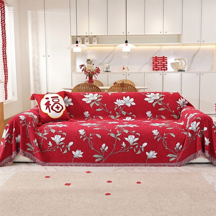 91家纺网 家纺一手货源 找家纺 共鸣沙发垫 2025新款亲肤舒适雪尼尔玉兰喜庆红色沙发巾 玉兰红色 180x230cm沙发巾