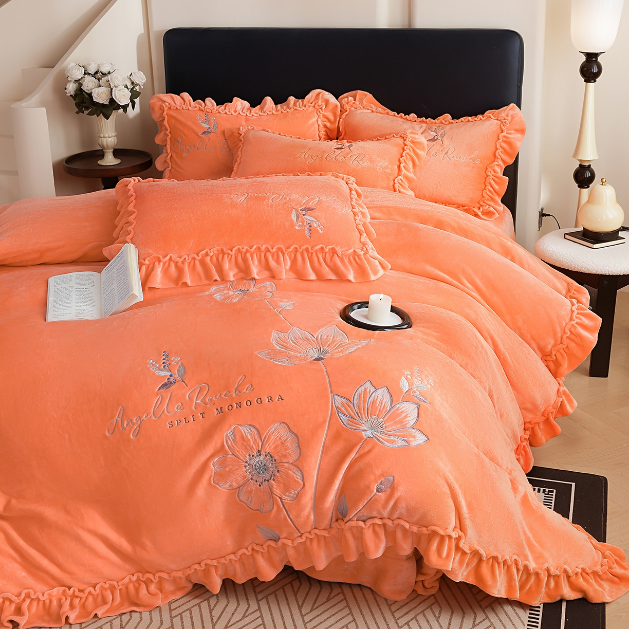 91家纺网 家纺一手货源 找家纺 孟鑫家纺 2025新款220克高克重韩版立体花边牛奶法式绣花四件套床单床盖款被套-浪漫花园系列 浪漫花园-橙色