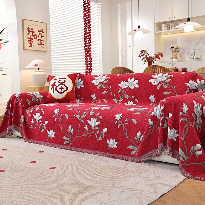 91家纺网 家纺一手货源 找家纺 共鸣沙发垫 2025新款亲肤舒适雪尼尔玉兰喜庆红色沙发巾 玉兰红色 180x260cm沙发巾