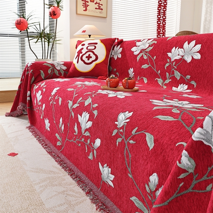 91家纺网 家纺一手货源 找家纺 共鸣沙发垫 2025新款亲肤舒适雪尼尔玉兰喜庆红色沙发巾 玉兰红色 180x260cm沙发巾