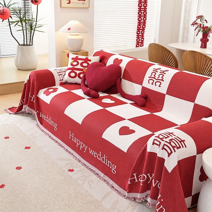 91家纺网 家纺一手货源 找家纺 共鸣沙发垫 2025新款亲肤舒适雪尼尔玉兰喜庆红色沙发巾 喜格红色 180x300cm沙发巾