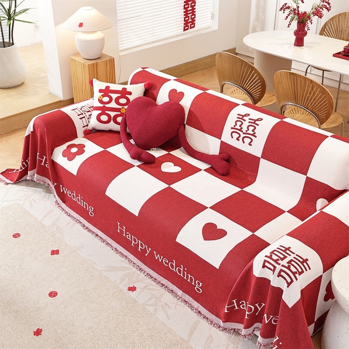 91家纺网 家纺一手货源 找家纺 共鸣沙发垫 2025新款亲肤舒适雪尼尔玉兰喜庆红色沙发巾 喜格红色 180x340cm沙发巾