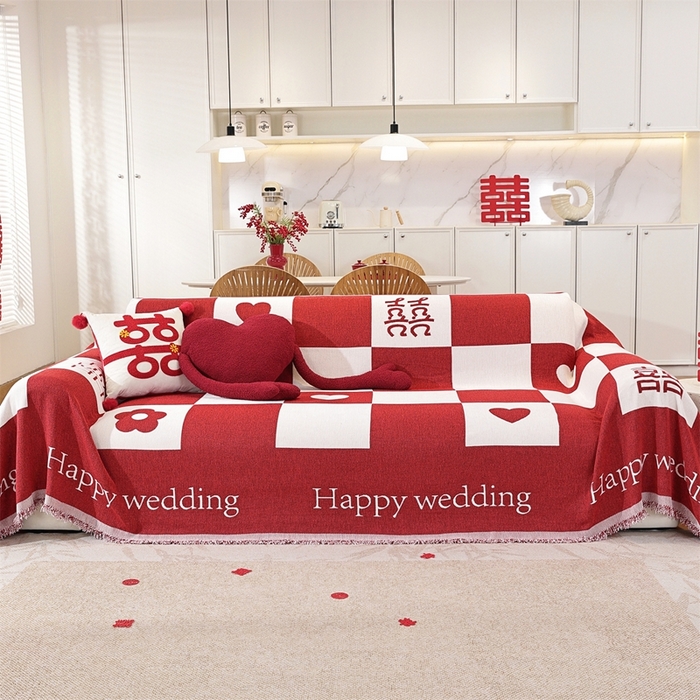 91家纺网 家纺一手货源 找家纺 共鸣沙发垫 2025新款亲肤舒适雪尼尔玉兰喜庆红色沙发巾 喜格红色 180x380cm沙发巾