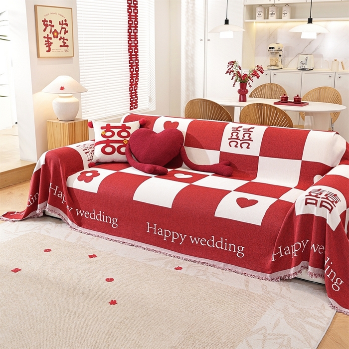 91家纺网 家纺一手货源 找家纺 共鸣沙发垫 2025新款亲肤舒适雪尼尔玉兰喜庆红色沙发巾 喜格红色 180x380cm沙发巾