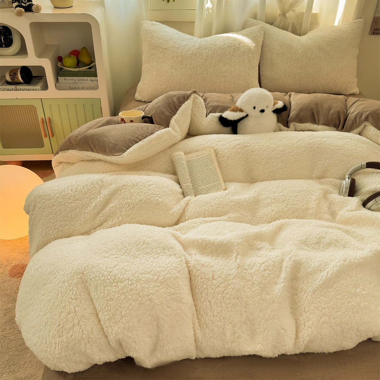 91家纺网 家纺一手货源 找家纺 灰鲸 2025新款秋冬韩系牛奶羊羔绒四件套 羊羔-白咖