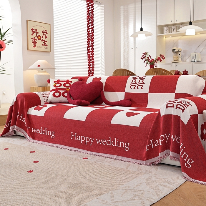 91家纺网 家纺一手货源 找家纺 共鸣沙发垫 2025新款亲肤舒适雪尼尔玉兰喜庆红色沙发巾 喜格红色 180x480cm沙发巾