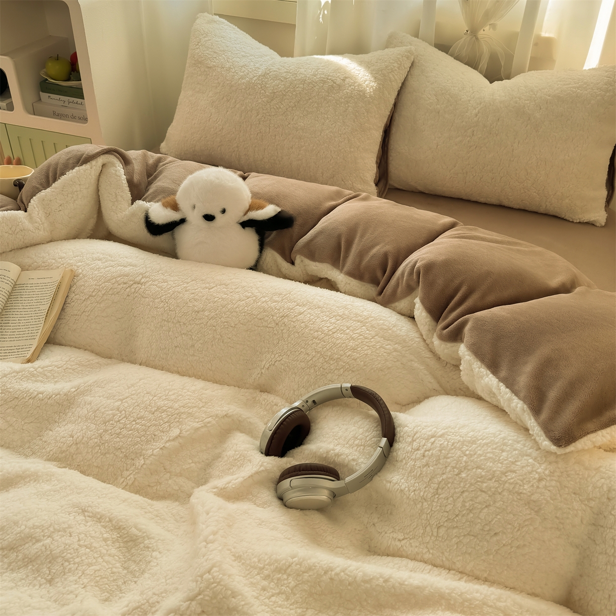 91家纺网 家纺一手货源 找家纺 灰鲸 2025新款秋冬韩系牛奶羊羔绒四件套 羊羔-白咖