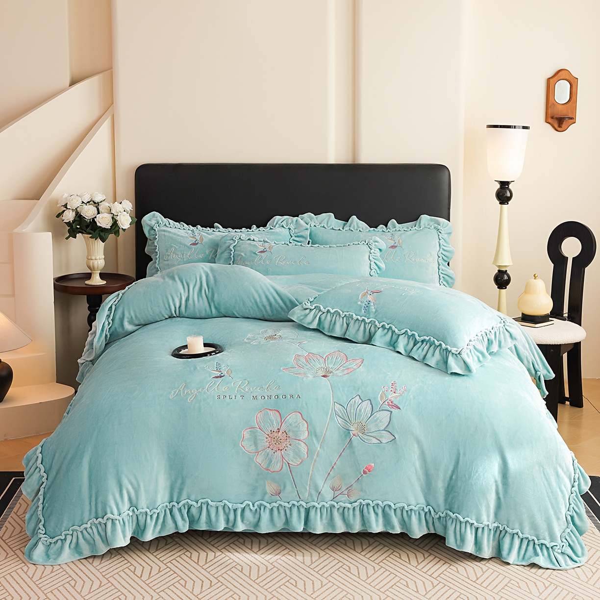 孟鑫家纺 2025新款220克高克重韩版立体花边牛奶法式绣花四件套床单床盖款被套-浪漫花园系列 浪漫花园-湖绿