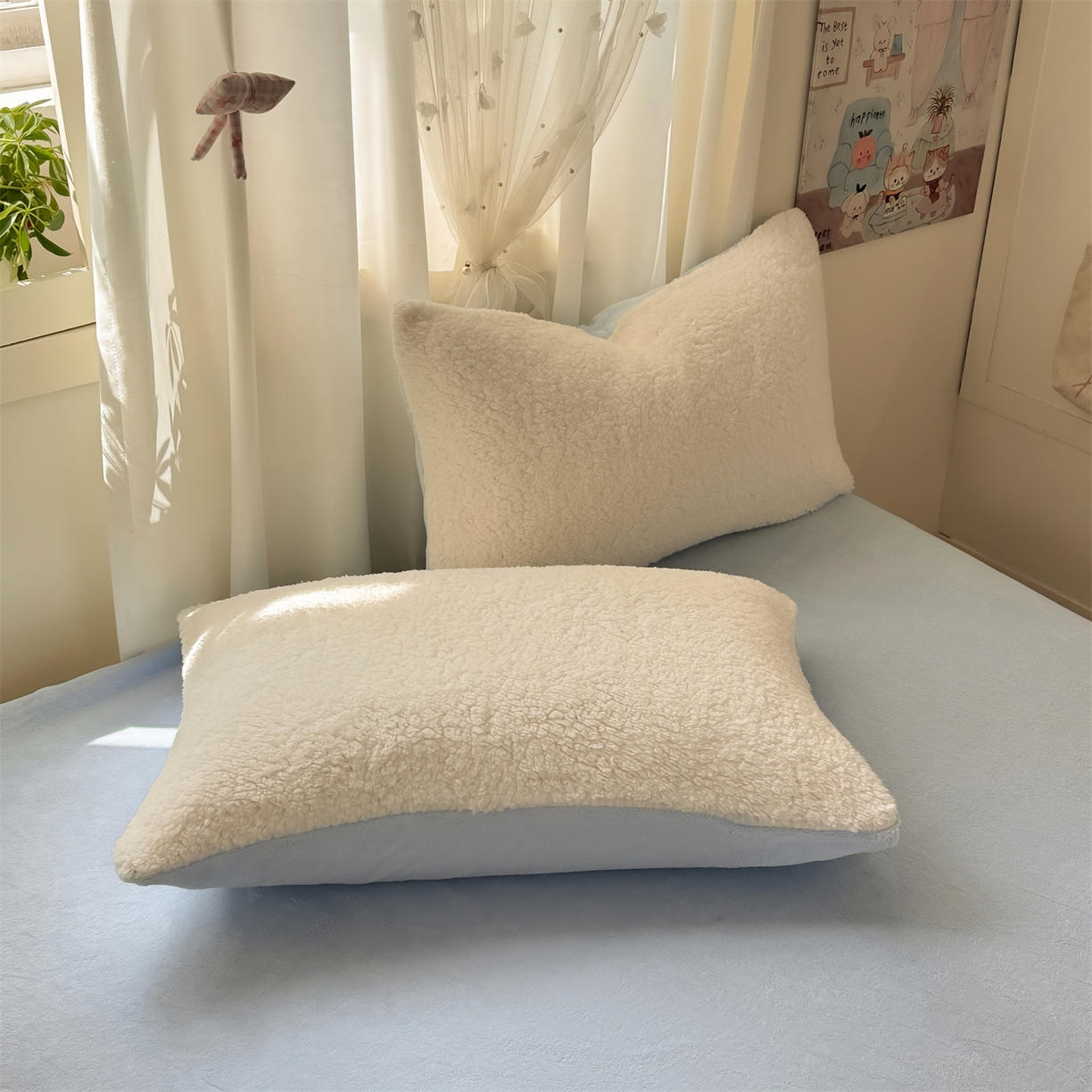 91家纺网 家纺一手货源 找家纺 灰鲸 2025新款秋冬韩系牛奶羊羔绒四件套 羊羔-白蓝