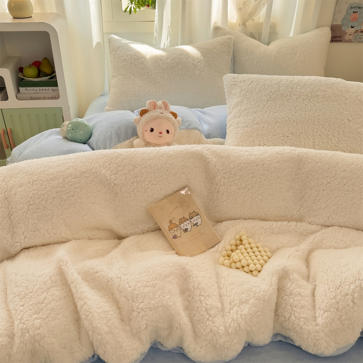 91家纺网 家纺一手货源 找家纺 灰鲸 2025新款秋冬韩系牛奶羊羔绒四件套 羊羔-白蓝