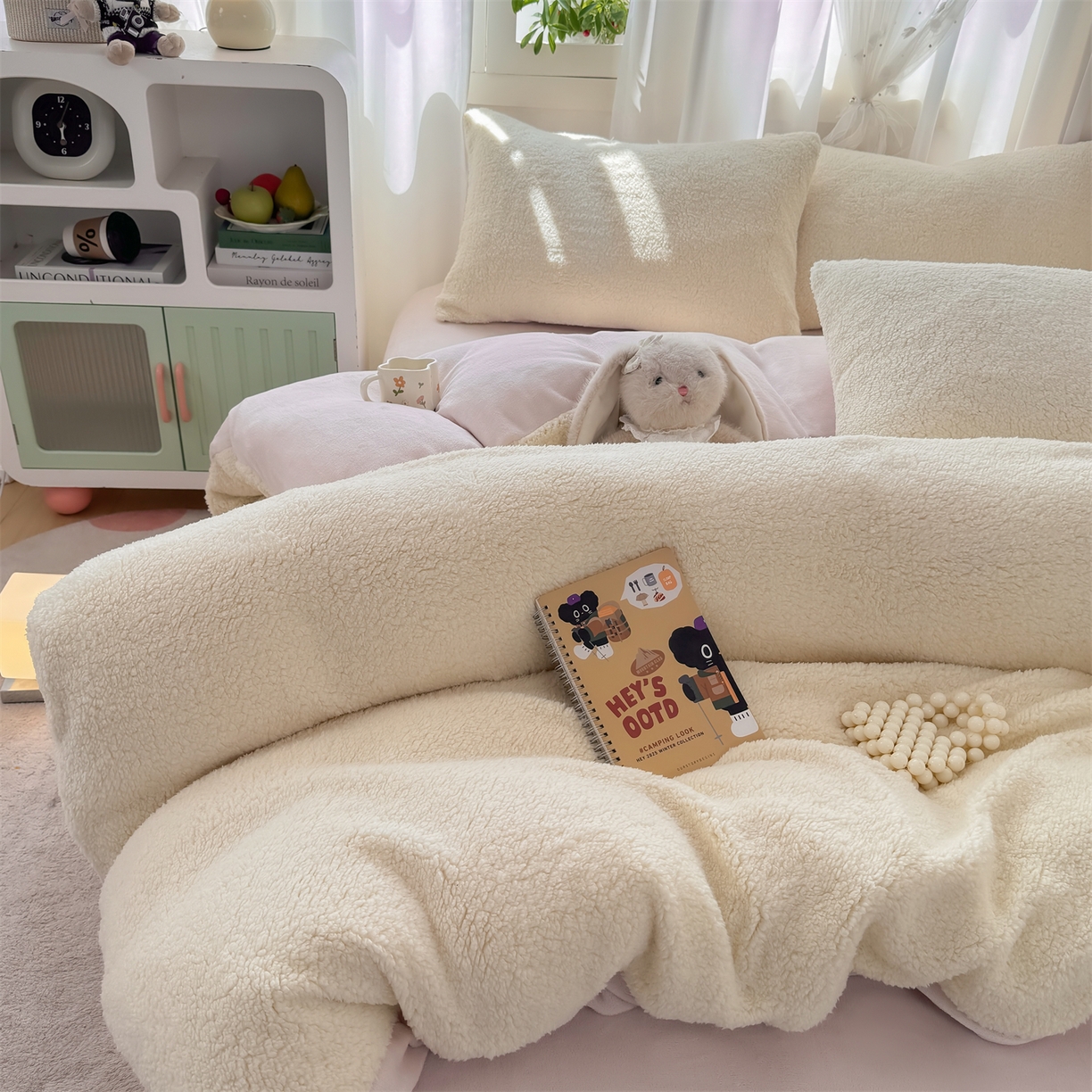 灰鲸 2025新款秋冬韩系牛奶羊羔绒四件套 羊羔-白紫