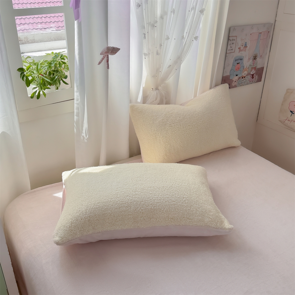 91家纺网 家纺一手货源 找家纺 灰鲸 2025新款秋冬韩系牛奶羊羔绒四件套 羊羔-白紫