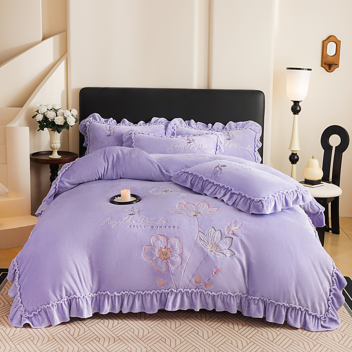 孟鑫家纺 2025新款220克高克重韩版立体花边牛奶法式绣花四件套床单床盖款被套-浪漫花园系列 浪漫花园-千夏紫