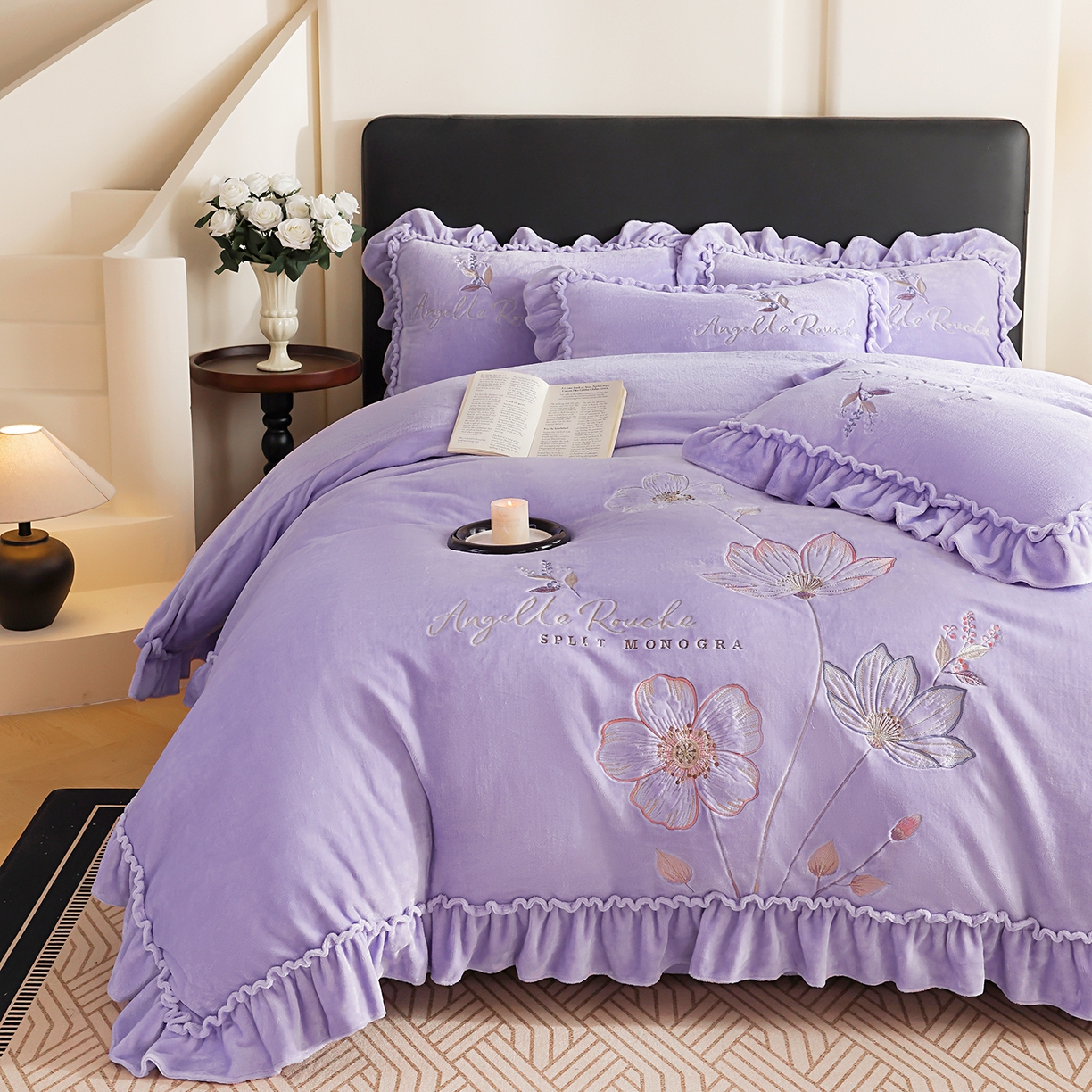 91家纺网 家纺一手货源 找家纺 孟鑫家纺 2025新款220克高克重韩版立体花边牛奶法式绣花四件套床单床盖款被套-浪漫花园系列 浪漫花园-千夏紫