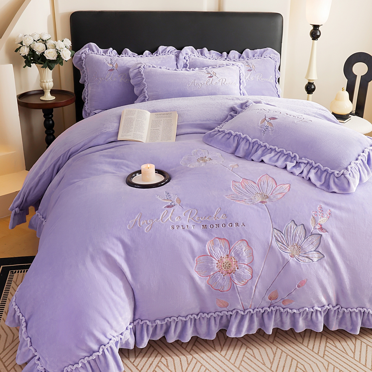 91家纺网 家纺一手货源 找家纺 孟鑫家纺 2025新款220克高克重韩版立体花边牛奶法式绣花四件套床单床盖款被套-浪漫花园系列 浪漫花园-千夏紫