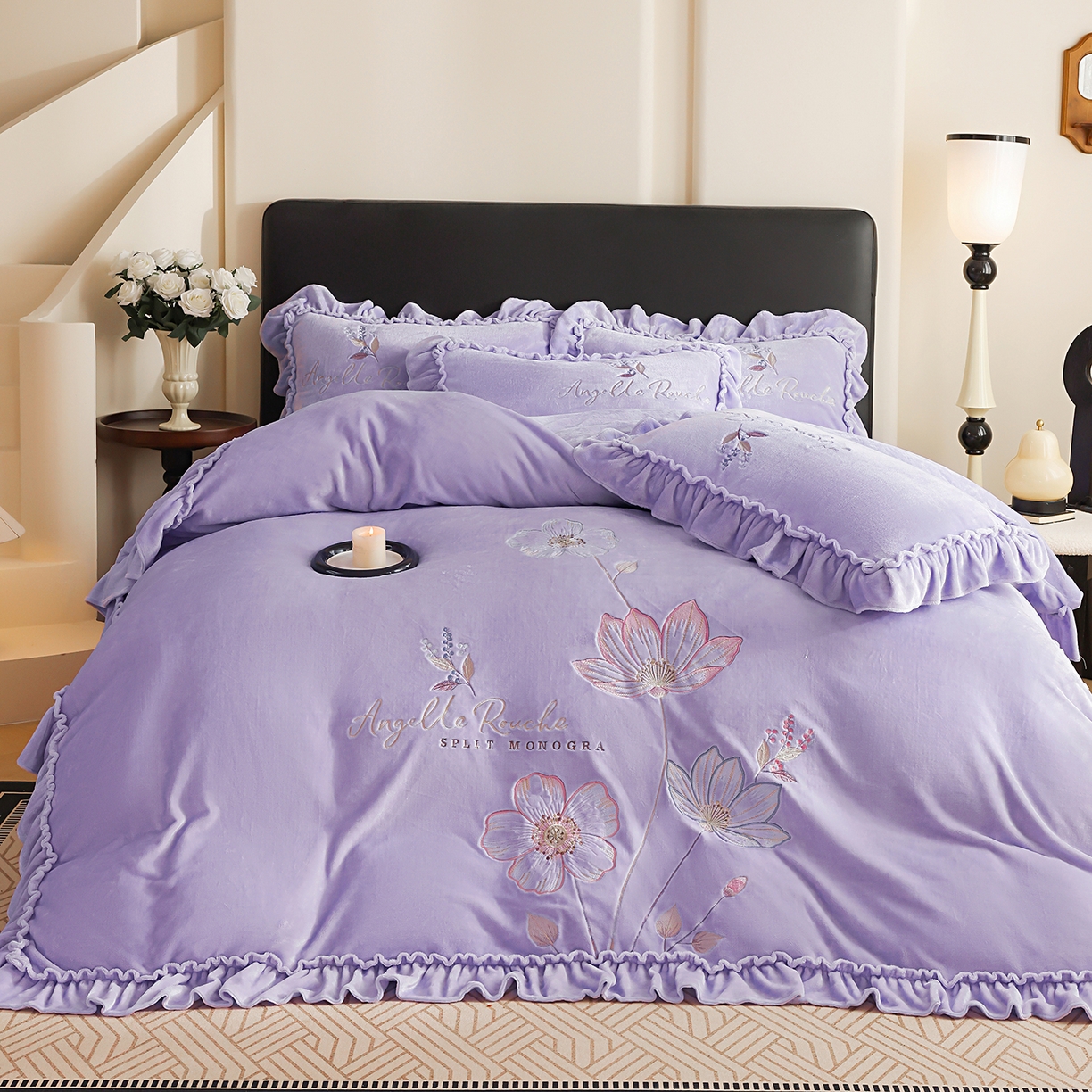 91家纺网 家纺一手货源 找家纺 孟鑫家纺 2025新款220克高克重韩版立体花边牛奶法式绣花四件套床单床盖款被套-浪漫花园系列 浪漫花园-千夏紫