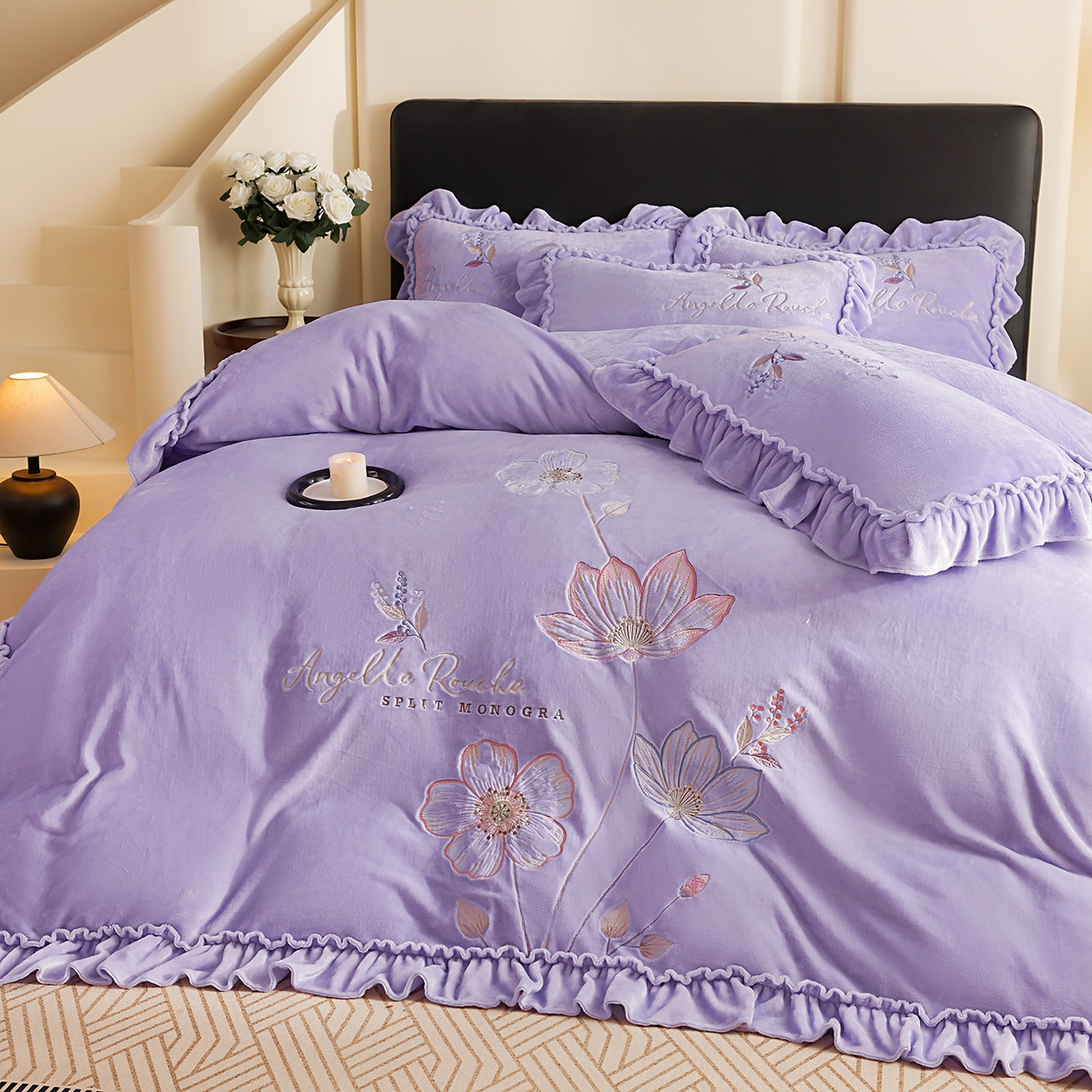 91家纺网 家纺一手货源 找家纺 孟鑫家纺 2025新款220克高克重韩版立体花边牛奶法式绣花四件套床单床盖款被套-浪漫花园系列 浪漫花园-千夏紫