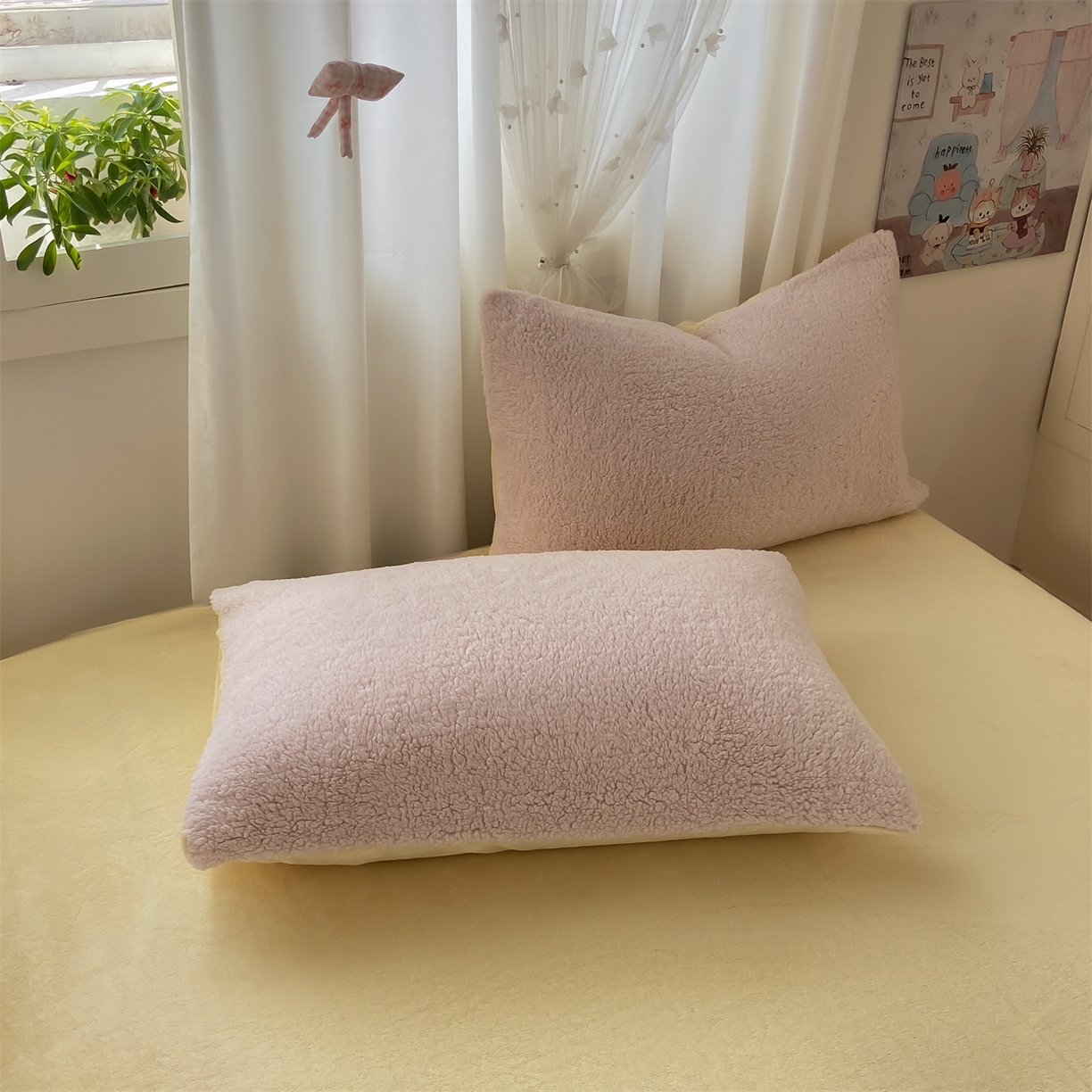 91家纺网 家纺一手货源 找家纺 灰鲸 2025新款秋冬韩系牛奶羊羔绒四件套 羊羔-粉黄