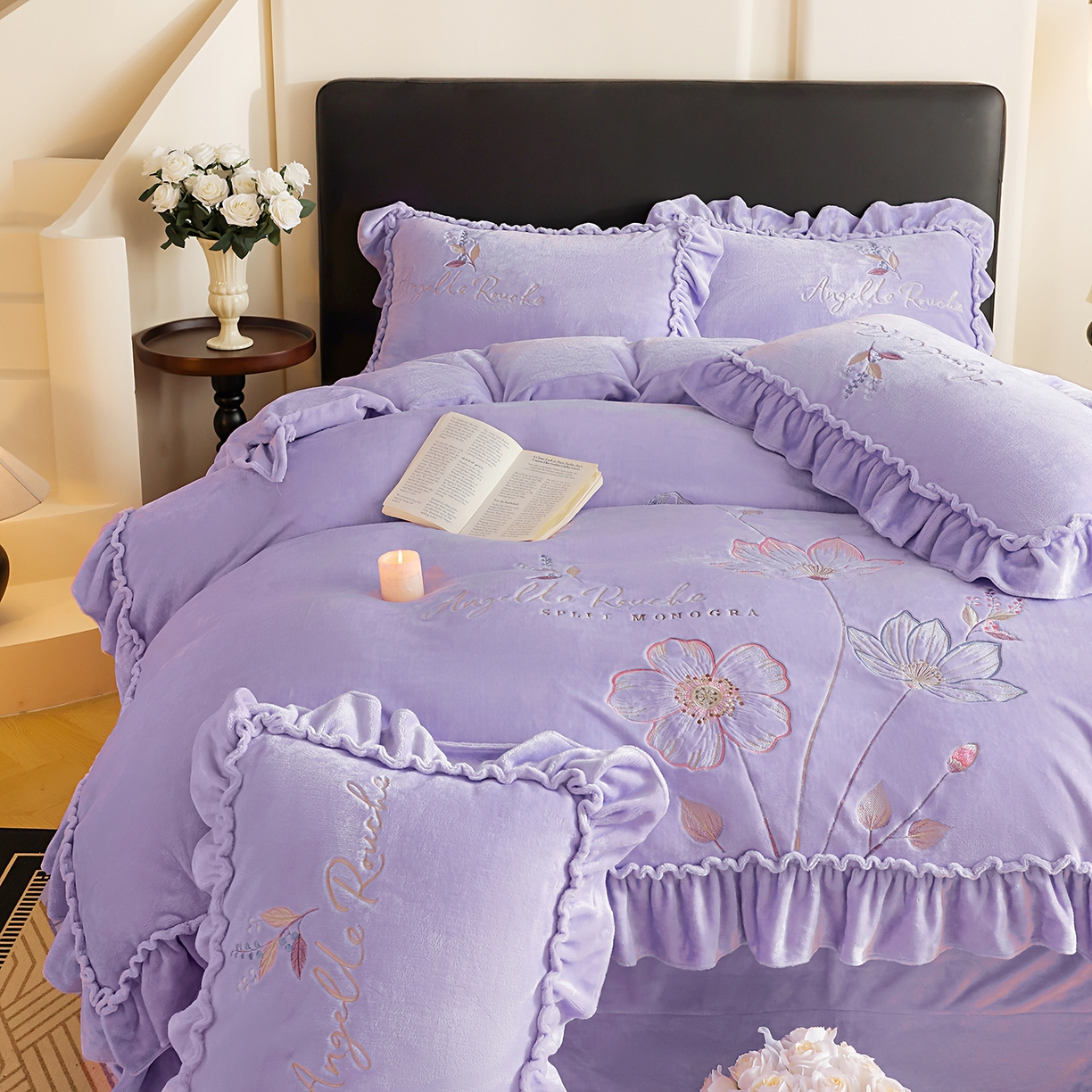 91家纺网 家纺一手货源 找家纺 孟鑫家纺 2025新款220克高克重韩版立体花边牛奶法式绣花四件套床单床盖款被套-浪漫花园系列 浪漫花园-千夏紫
