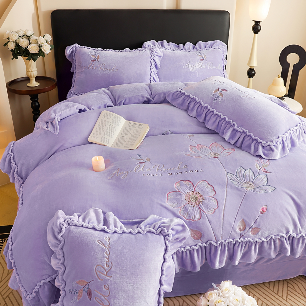 91家纺网 家纺一手货源 找家纺 孟鑫家纺 2025新款220克高克重韩版立体花边牛奶法式绣花四件套床单床盖款被套-浪漫花园系列 浪漫花园-千夏紫