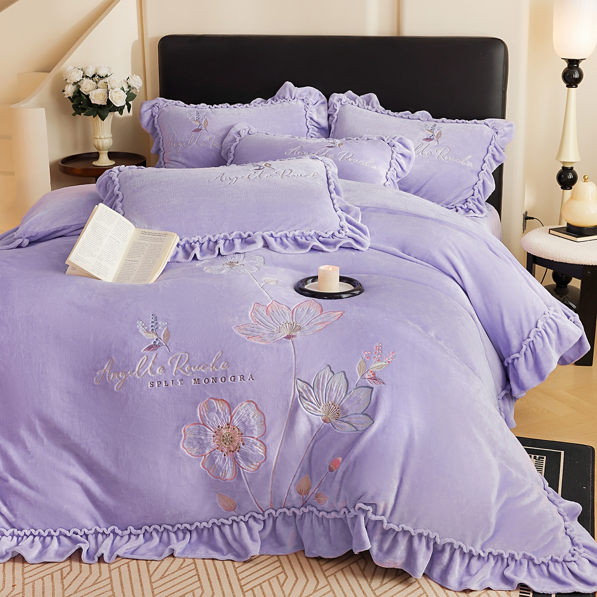 91家纺网 家纺一手货源 找家纺 孟鑫家纺 2025新款220克高克重韩版立体花边牛奶法式绣花四件套床单床盖款被套-浪漫花园系列 浪漫花园-千夏紫