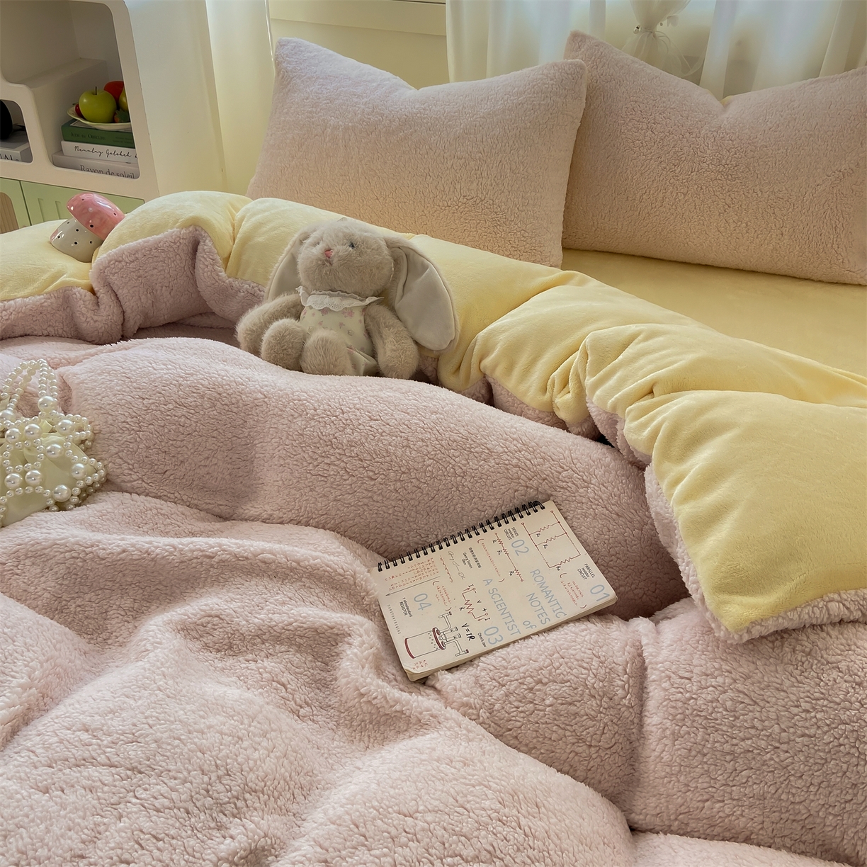 91家纺网 家纺一手货源 找家纺 灰鲸 2025新款秋冬韩系牛奶羊羔绒四件套 羊羔-粉黄