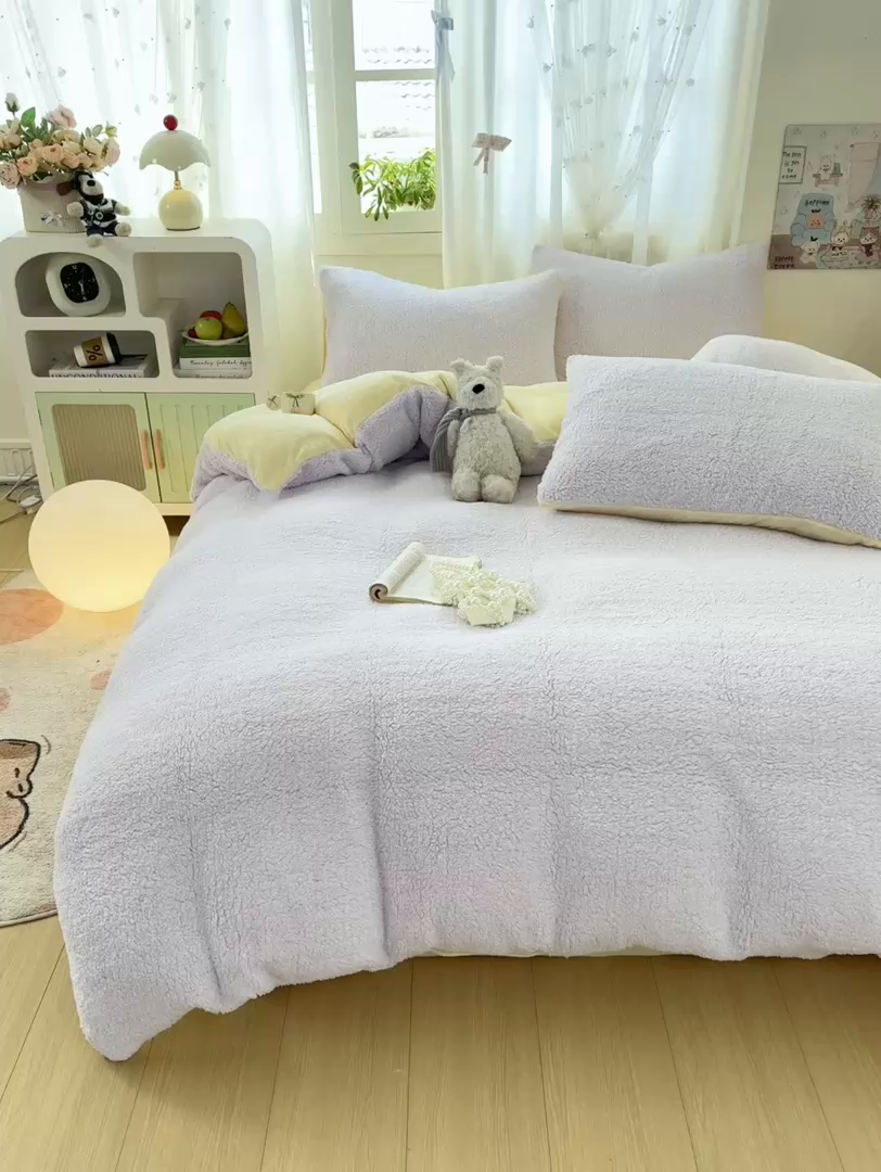 91家纺网 家纺一手货源 找家纺 灰鲸 2025新款秋冬韩系牛奶羊羔绒四件套 羊羔-粉黄
