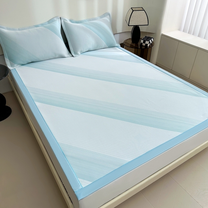 91家纺网 家纺一手货源 找家纺 梵克保罗 2025春夏新款针织凉感丝凉席三件套 雅韵-蓝