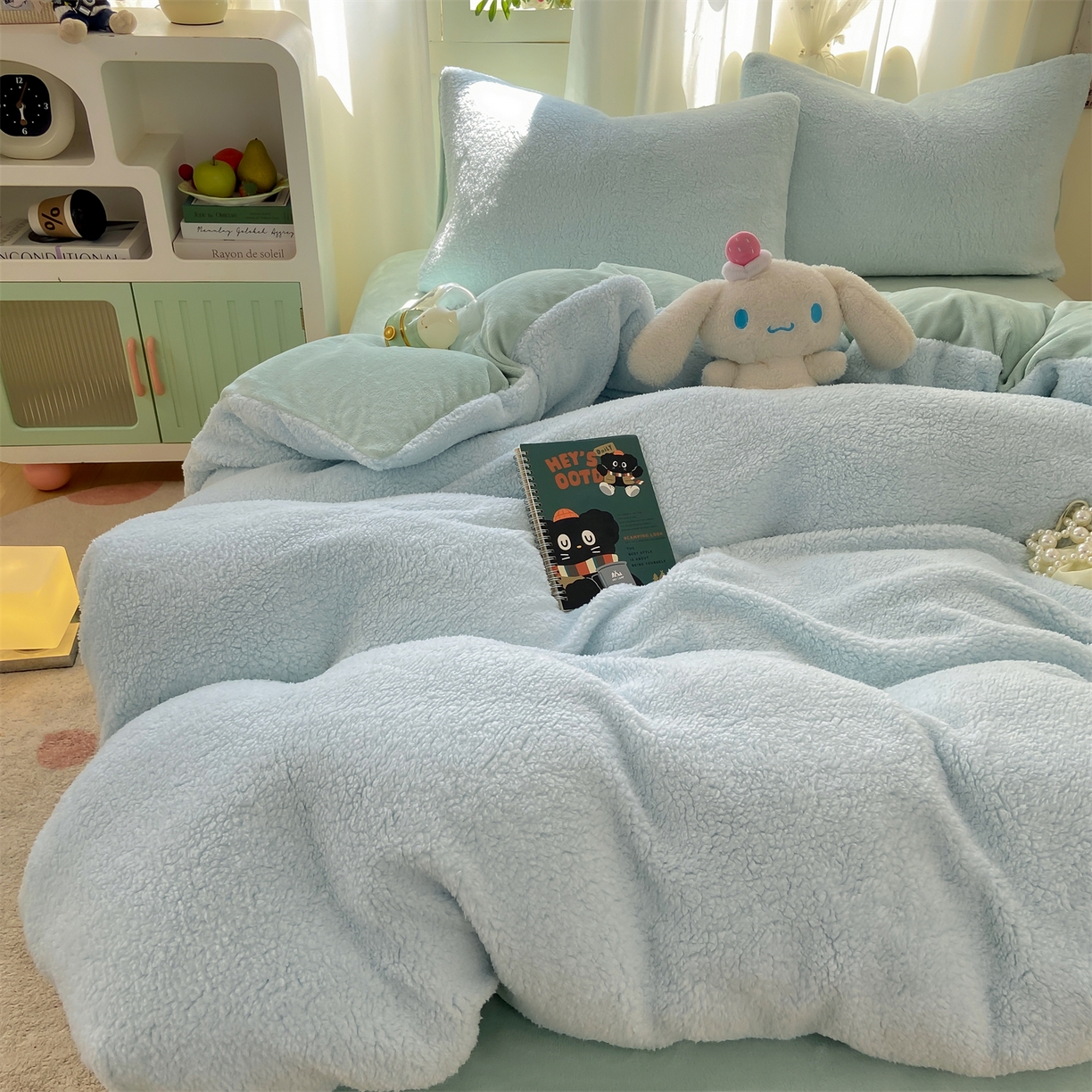 91家纺网 家纺一手货源 找家纺 灰鲸 2025新款秋冬韩系牛奶羊羔绒四件套 羊羔-蓝绿