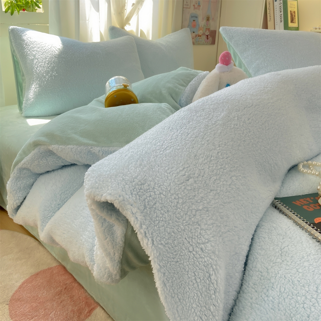 91家纺网 家纺一手货源 找家纺 灰鲸 2025新款秋冬韩系牛奶羊羔绒四件套 羊羔-蓝绿