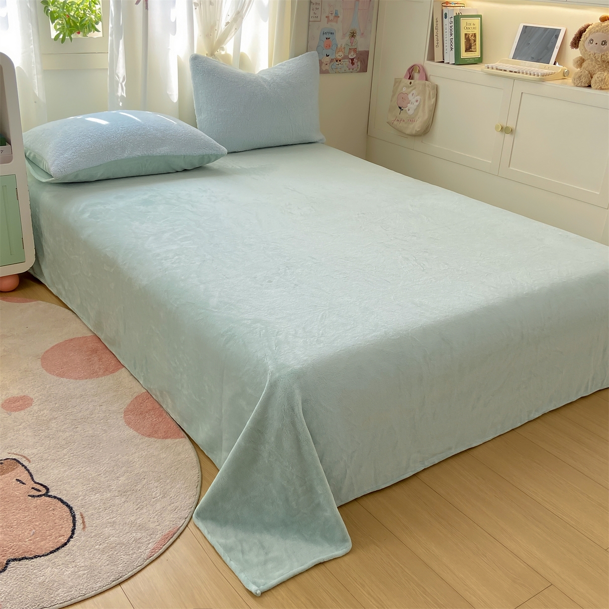 91家纺网 家纺一手货源 找家纺 灰鲸 2025新款秋冬韩系牛奶羊羔绒四件套 羊羔-蓝绿