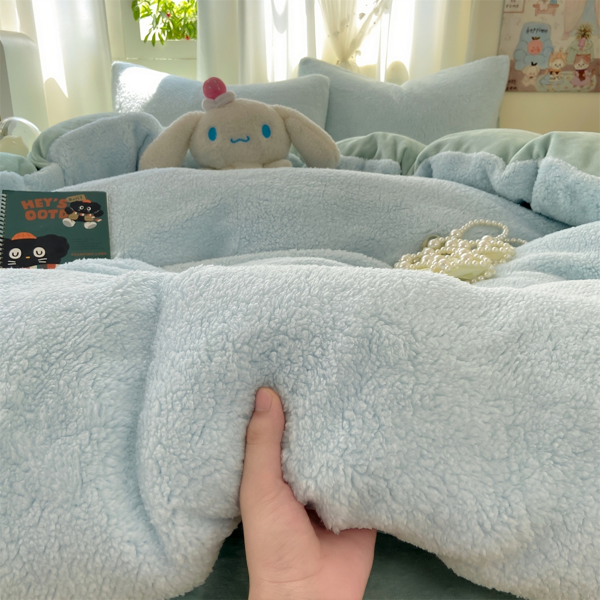 91家纺网 家纺一手货源 找家纺 灰鲸 2025新款秋冬韩系牛奶羊羔绒四件套 羊羔-蓝绿